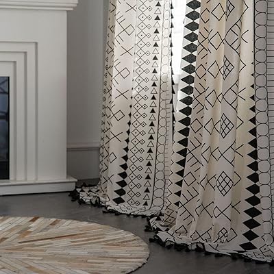 Wazio Lot of 2 semi-occultant bohemian curtains with geometric pattern with pompoms.. Make every purchase count with DIAYTAR Nigeria — shop smart, shop fast.