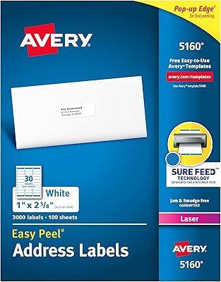 Avery 5160 address labels easy to peel off, white, 1 x 2-5/8 ", 3,000 units (package of 1).. Shop with confidence at DIAYTAR NIGERIA, Nigeria's premier affordable e-commerce platform.