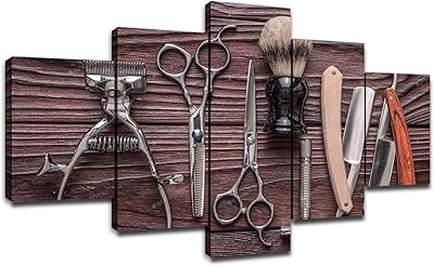 Tools of vintage barbier, wall images on canvas, wall decoration for hairdressing salon, framed artistic paintings, room decoration, paintings ready to hang (60 "width x 32" high).. Shop with intention at DIAYTAR NIGERIA, offering thousands of products delivered nationwide in days.