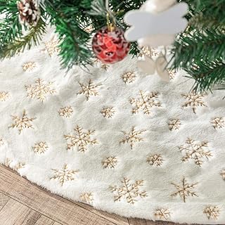 AMIDAKY 48 -inch Christmas tree skirt in white faux fur, golden snowflake with glitter, fancy tree skirt, Christmas decoration.. DIAYTAR NIGERIA: Your partner in affordable online shopping with reliable 5-8 day shipping nationwide.