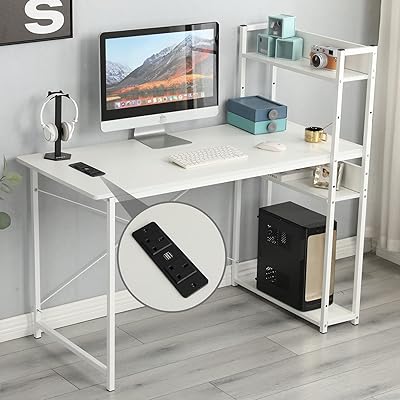Joysius computer table with storage shelves and sockets, reversible design office for home desk, wooden work desk, easy to assemble, 120 x 55 x 72 cm.. DIAYTAR NIGERIA delivers value, variety, and convenience with our nationwide 5-8 day shipping.