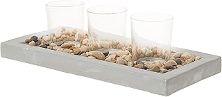 Rustic decorative tray in briarwood cement, natural pebbles and 3 votive candlesticks in transparent glass, gray.. DIAYTAR NIGERIA: Your trusted marketplace that combines variety, affordability and reliable shipping.
