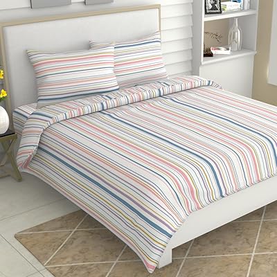 Double House Double Bed Draw & Kinder Magical Stripes 100 % Cotton with 2 pillowcases, 186 son x 108 threads (blue and yellow).. DIAYTAR NIGERIA: Your partner in affordable shopping with nationwide delivery in just 5-8 days.