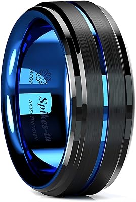 Black wedding ring in 8 mm tungsten carbide for men with polished blue line, comfortable for engagement and marriage, tungsten carbide, unknown.. Discover the perfect balance of selection and value with DIAYTAR NIGERIA's nationwide delivery service.