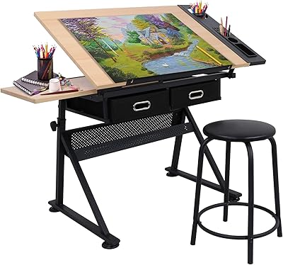Table with tiltable drawing adjustable in height to read, write, creative leisure with 2 storage drawers and bench for home office, b.. DIAYTAR NIGERIA brings the marketplace home to you with affordable prices and delivery in 5-8 days.