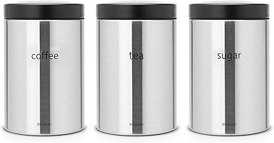 Tea boxes, coffee and sugar brabantia, black cover, 1.4 liter - shiny steel, 3 pieces.. Shop from Nigeria's largest product selection at DIAYTAR, with budget-friendly prices and swift delivery.
