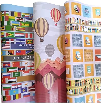 IVENS children's birthday gift packaging paper, Christmas gift packaging paper and funny facts on gift wrap, 12 rollers package, 70 x 50 cm (hot air balloon book, flag of all countries).. DIAYTAR Nigeria: Where affordability meets fast and reliable e-commerce service.