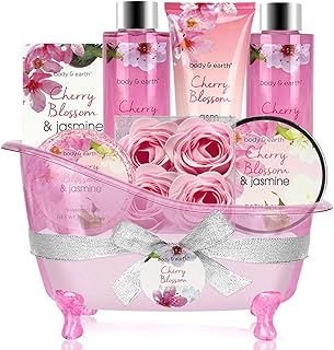 Bath and body gift box - Gift basket 8 pieces of cherry blossoms and jasmine - Includes bathing bubbles, shower gel, soap, a body and hand lotion, bath salts and more, a perfect gift box for women.. DIAYTAR NIGERIA transforms wishes into deliveries with our affordable and reliable e-commerce platform.