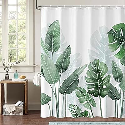 Showering curtain in waterproof fabric with 12 hooks, shower curtain pattern tropical green plant for laundry room, 180 x 200 cm,.. DIAYTAR NIGERIA brings the market to your fingertips with affordable prices and prompt delivery service.