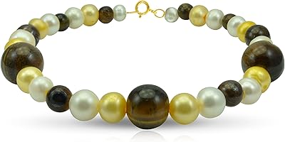Vera Perla bracelet for women in 10 carat gold with 5 pearls and tiger eye.. Skip the lines and shop online — DIAYTAR Nigeria delivers to your door in days.