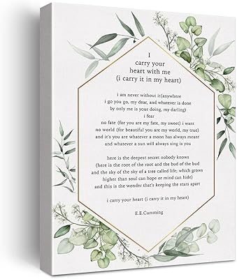 Love poem, I wear your heart with me, impression on canvas, wall decoration for the house, the office, inspiring literary painting, 12 x 15, poster on framed canvas ready to hang, wedding birthday gift.. Shop from anywhere in Nigeria and receive your DIAYTAR purchases at affordable prices within a week.