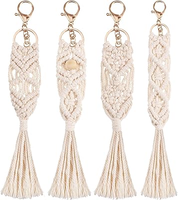 Pompon keychain, 4 mini bohemian key rings in macrame, bag decoration, pompom charms, handmade accessories for car keys, wallet, telephone, beige, 23.. Shop with purpose at DIAYTAR NIGERIA, where your money goes further and delivery is always prompt.