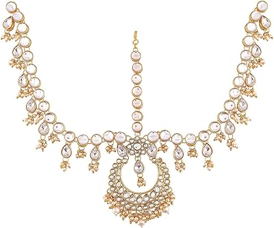 I Jewels Traditional jewelry Plated Gold Kundan and Matha Patti / Mang Tika pearls for women (T2015W).. DIAYTAR NIGERIA: Bringing quality products to your doorstep at prices that won't break the bank.