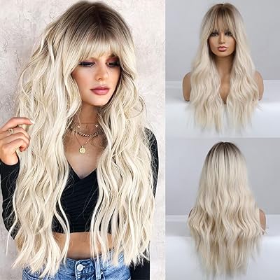Platinum blonde wig for women, long blonde wig with bangs and dark roots long wavy synthetic hair platinum colored daily festive 26.. Make every purchase count with DIAYTAR Nigeria — shop smart, shop fast.