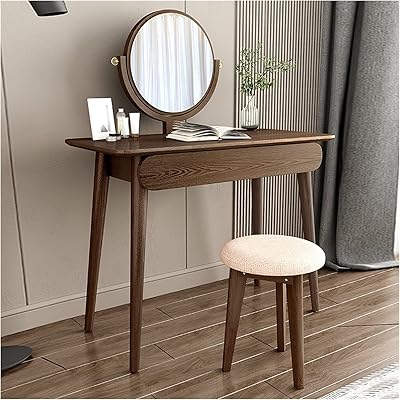 Small wooden table, wooden house furniture, simple and modern chest of drawers, small makeup table for bedroom, dorm office, desk with mirror and stool, makeup corner table (color: brown).. DIAYTAR NIGERIA: Your affordable gateway to thousands of products delivered within a week.