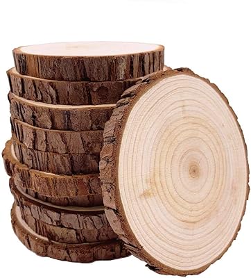 Natural wood slices unfinished with tree bark, 10 pieces from 4.22 to 4.7 inches, wooden-layers, craft set, craft circles, Christmas ornaments, craft park for rustic wedding crafts.. DIAYTAR NIGERIA: Creating access to affordable products for every Nigerian with our swift delivery service.