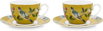 PIP Studio Blushing Birds Design Set of 2 cups with saucer, capacity of 280 ml, yellow.. Shop from anywhere in Nigeria and receive your DIAYTAR purchases at affordable prices within a week.