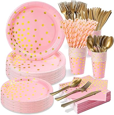 Homarket 200 pieces of white and golden party supplies, party dishes, cardboard plates, towels, cups and straws for wedding, birthday and birthday - 25 guests (pink).. Transform your online shopping experience with DIAYTAR NIGERIA's affordable and diverse marketplace.