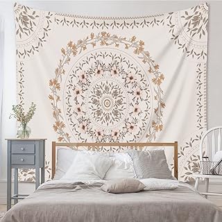 White bohemian wall tapestry, hippie carpet with mandala pattern with beige floral crown pattern, bedroom wall decoration cover for bedroom, university dormitory.. DIAYTAR NIGERIA: Where thousands of products meet affordable prices and reliable 5-8 day delivery.