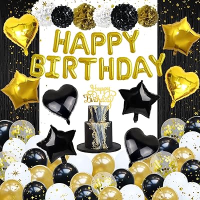 Indigo birthday party kit with black and white gold balloons, birthday balloon banner, heart and stars -shaped balloons, fringed curtains, acrylic decorations (50 + pieces).. DIAYTAR NIGERIA: Simplifying access to thousands of products with affordable nationwide shipping.