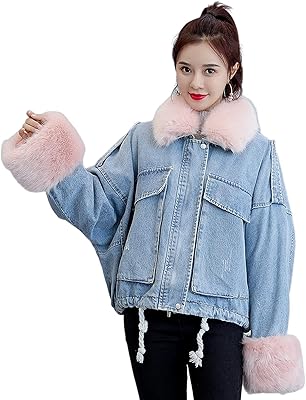 Denim jacket for women, sleeves with faux fur collar, denim coat, winter parka in sherpa lined fleece, thick, short, padded, outdoor clothes.. Your ideal shopping companion, DIAYTAR NIGERIA offers unmatched variety with delivery within a week.