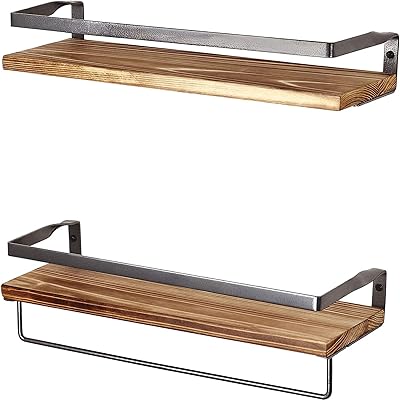 U-Home Set of 2 floating shelves, Wall storage shelf for bathroom with removable towel carrier, rustic wooden floating shelves with metal frame, perfect for the kitchen, the bathroom, the bedroom (brown).. DIAYTAR Nigeria: Your one-stop online shop with unbeatable prices and nationwide delivery in under 8 days.