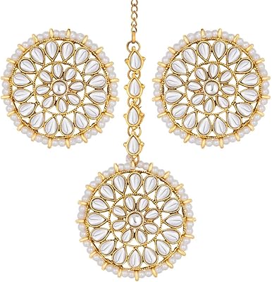Aheli Wedding Wear round earrings in false Kundan pearls with set of Indian Ethnic jewelry Maang Tikka for women.. Shop smarter, not harder with DIAYTAR NIGERIA - thousands of products at your fingertips with affordable delivery.