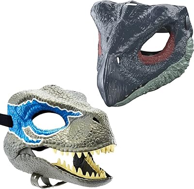 Set of masks Jurassic World Velociraptor Bleu and Therizinosaurus with open jaw, realistic texture and color, cuts for the eyes and the nose and strap secure; 4 years and over.. From Lagos to Kano, DIAYTAR Nigeria delivers across Nigeria in days.