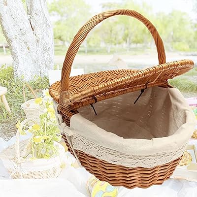 Picnic picnic baskets Vertinech, oval fruit basket with double cover, hand-woven storage basket, storage container with lining and handle for holidays, camping, decoration of the house.. Shop with confidence at DIAYTAR NIGERIA, enjoying competitive prices and delivery within 8 days.