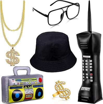 Set of 6 inflatable hip hop costumes from the 80s and 90s with Boombox radio, collar, telephone, ring, sunglasses, hat and rapper accessories.. DIAYTAR NIGERIA: Bringing quality products to every Nigerian home at prices everyone can afford.