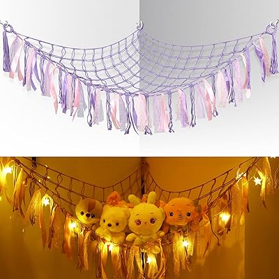 Filet or hammock for plush animals with LED light, Suspended hammock for animals in plush, organizer of decoration storage of rooms with bangs for children's rooms, games room, bedroom of children.. DIAYTAR NIGERIA brings the market to your fingertips with affordable prices and prompt delivery service.