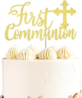 Topper of cake of first communion with glitter, a piece, with religious cross and first communion pattern for baptism, communion, baby show and decoration of birthday theme, gold color.. No stress, just speed — DIAYTAR Nigeria ships in days.