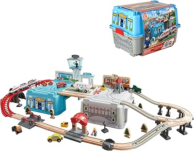 Hip Bucket Super Cityscape Transport | Wooden toy train with city scenes, plane and battery engine, for children from 3 years old.. Your everyday shopping destination, DIAYTAR NIGERIA offers unbeatable value with quick delivery times.