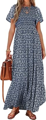 Long summer dress relaxed Brittigarden with short sleeves, bohemian floral motif, round neck, without collar for women, navy blue, l.. DIAYTAR NIGERIA: Your affordable gateway to thousands of products shipped nationwide within the week.