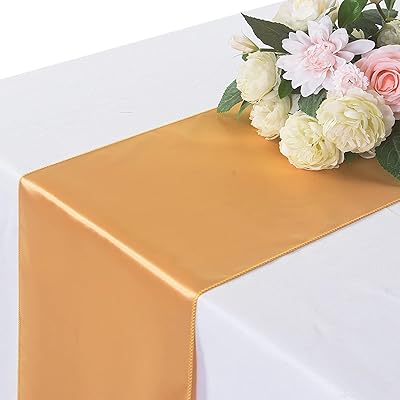 Golden satin table runner 30 x 274 cm, long shiny, soft and silky fabric, decorations of wedding and reception party.. DIAYTAR NIGERIA delivers happiness in 5-8 days with our affordable and diverse product range.