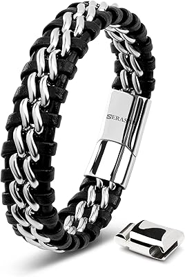 Luxury True Leather Luxury Bracelet [Steel] For Men in Black | Black, silver and gold stainless steel magnetic clasp | Exclusive jewelry box | Excellent gift idea, 20 cm, mineral leather, without precious stones.. DIAYTAR NIGERIA: Connecting Nigerians with affordable products through our expansive e-commerce platform.