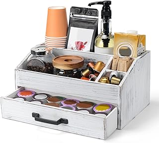 Organizer of Ekel wooden coffee station with drawer, organizer of rustic counter coffee bar, support and organizer of coffee capsules, farm decoration (white).. Shop from anywhere in Nigeria and receive your DIAYTAR purchases at affordable prices within a week.