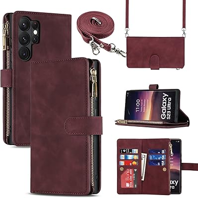 Leather case with Sailor Tech flap for Samsung Galaxy S23 Ultra with maps for cards, magnetic buckle and zipper, wallet with adjustable necklace, red wine.. Affordable convenience is here — shop DIAYTAR Nigeria today.