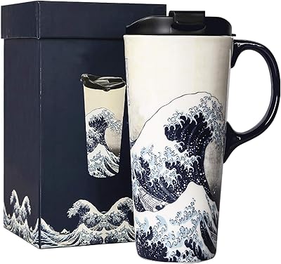 Dosvalley ceramic huge travel cup with lid, coffee cup and porcelain latte of 17 oz, the Great Wave.. DIAYTAR NIGERIA delivers on every promise with our affordable prices and nationwide delivery service.