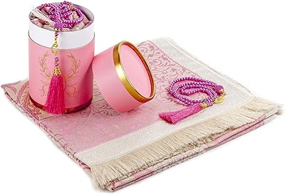 Islamic prayer carpet and rosary with elegant cylindrical gift box | Ganamaz | Sweet Islamic prayer carpet | Islamic gift box | prayer prayer carpets, pink.. Discover a world of affordable shopping with DIAYTAR NIGERIA's vast marketplace delivered to you in days.