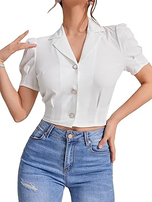 Short woman blouse with puffy sleeves and notched collar with pimples.. Discover endless possibilities with DIAYTAR NIGERIA's comprehensive catalog and reliable delivery service.