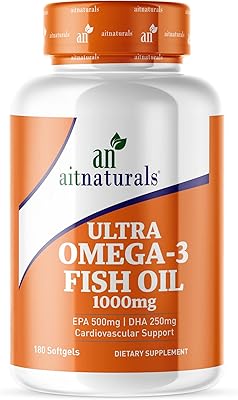 Aitnaturals Ultra Omega 3 Fish Oil 1000mg 500 EPA 250 DHA 180 Softgels supports cardiovascular, heart and brain health | Supplement of omega 3 fatty acids for men and women.. DIAYTAR NIGERIA: Where affordability and variety meet with convenient delivery within 8 days.
