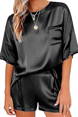 Satin pajamas for women with short sleeves, soft silk night clothes with relaxed pajama shorts.. DIAYTAR NIGERIA: Where quality meets affordability, with thousands of products delivered in less than 8 days.