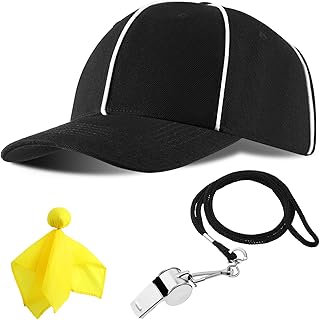 Adjustable black football cap with white stripes, official referee hat and stainless steel whistle with strap for football referees, matches and Linnesman, black, one size.. The smarter way to shop online in Nigeria is through DIAYTAR Nigeria.
