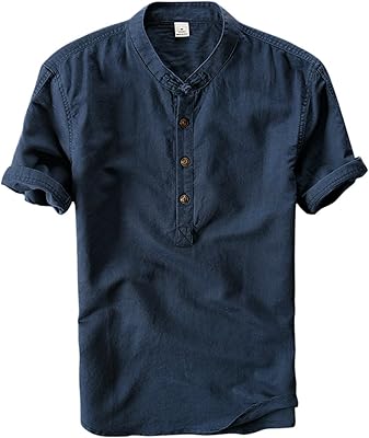 Henley Linen Shirts with Short Sleeping of Chinese Retro Style for Men.. DIAYTAR NIGERIA: Your affordable gateway to thousands of products delivered within a week.