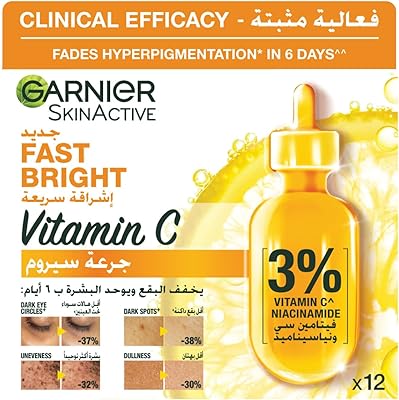Garnier Skin Active Fast Bright Brighting Serum bulb for hyperpigmentation with 3% vitamin C and nacinamide for dark circles (12 x 1.5 ml).. DIAYTAR NIGERIA puts thousands of products at your fingertips with affordable prices and delivery within a week.