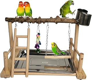 Park for bird parrots, wooden play area with food cups, toys for calopsittes with suspended ladder, pets for pets, lovebirds and activities.. DIAYTAR NIGERIA combines extensive product options with budget-friendly prices, delivered in 5-8 days.
