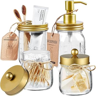 Set of U-Home Mason bathroom accessories (4) package-q-tip media dispenser and 2 toothbrberry holders-Rustic farm decor organizer, counter pharmacy jar (gold).. Discover endless possibilities with DIAYTAR NIGERIA's extensive product range and affordable shipping.