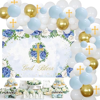 First communion decoration for boys - Kit garland of white and golden balloons with blue background, baptismal party decoration supplies.. Enjoy the simplicity of shopping with DIAYTAR NIGERIA, offering vast choices delivered in just 5-8 days.