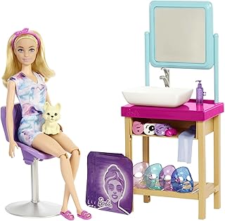 Barbie Sparkle Mask Spa Day game set, blonde barbie doll, 7 spa masks, sink, mirror, chair, 15 accessories in total, 3 to 7 years old.. Experience the ultimate in shopping convenience with DIAYTAR NIGERIA's vast catalog and 5-8 day delivery.
